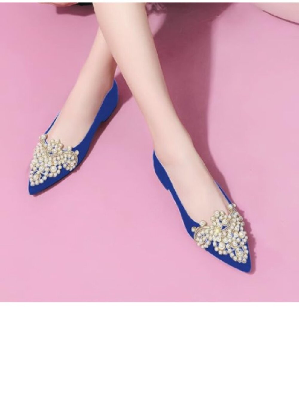 XYD Blue Sense of Luxury Pointed Toe Jewelry Pearl Studs Slip On Embroidery Shoe